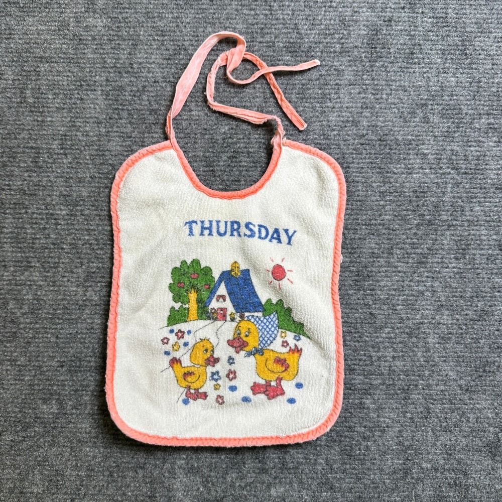 Vintage Thursday Duck Terry Cloth Baby Bib Pink Trim Tie Closure